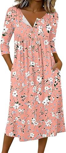 3/4 Sleeve Dress for Women Casual Summer Boho Sundresses Beach Vacation Clothes Travel Outfits