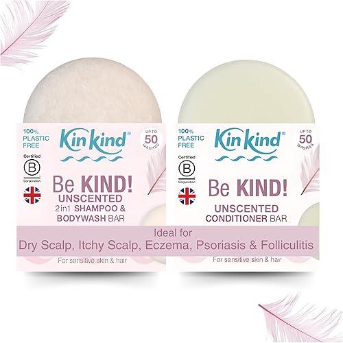 KinKind Be KIND! Unscented Shampoo Bar & Conditioner Bar Bundle| 2in1 for Hair & Body | Unscented for Sensitive Scalp | Natural Shampoo Bar, Fragrance, Linalool & Limonene Free | Up to 50 Washes