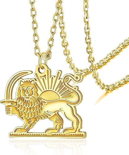 VASSAGO Iran Lion and Sun Necklace Stainless Steel Shir Khorshid Pahlavi Pendant Necklace Ancient Iranian Persian Jewelry