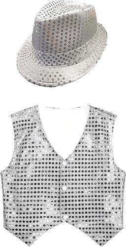 Boys Girls Sequin Performance Vest with Hat Sparkling Hip Hop Dance Top for Stage and Festival Dress Up School Party
