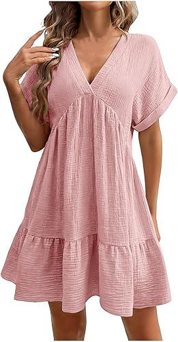 Womens Summer Beach Casual Ruffle Dress Short Sleeve V Neck Loose Flowy Short Babydoll Dress