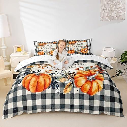 Twin Size Pumpkin Duvet Cover Boys Girls Happy Fall Y'all Bedding Set for Kids Ultra Soft Fall Festival Comforter Cover Autumn Maple Leaves Room Decor Bedclothes Breathable Soft Microfiber Zipper