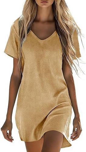 Women's Cotton Linen Mini Dress Soft V-Neck Dress Short Sleeve Casual Dresses Solid Color A-line Dresses for Summer
