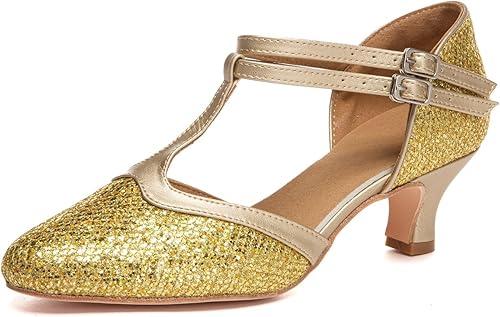 Minishion Women's T-Strap Dance Heels Glitter Salsa Ballroom Shoes Wedding Party Pumps
