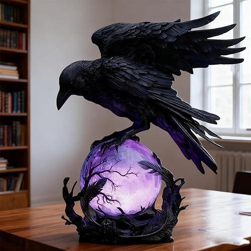 Gothic LED Lamp – Raven's Moonlight Mysterious Crow on Orb Sculpture, 3D Hollow Lantern Decorative Lamp for Gothic Collectors, Halloween Enthusiasts (Style B)
