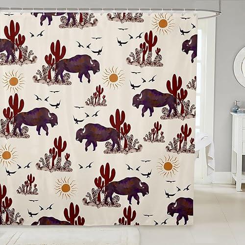 Feelyou Western 72x78 Inches Shower Curtain Buffalo North American Bisons Bathroom Waterproof Accessories with 12 Hooks Rustic Country Southwestern Animal Curtains Kids Boys Brown Cream Farmhouse