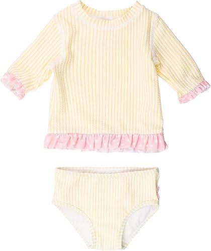 RuffleButts Baby/Toddler Girls UPF50+ Sun Protection Seersucker Short Sleeve Ruffle Rash Guard Bikini