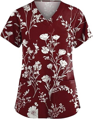 Scrubs for Women Animal Print Tops Short Sleeve Cartoon Pattern V Neck Stretchy Nursing Uniform with Pockets