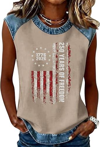 250 Anniversary USA Shirt Women | 1776-2026 Patriotic Denim Trim Sleeveless Top America Flag Graphic Tee Shirt