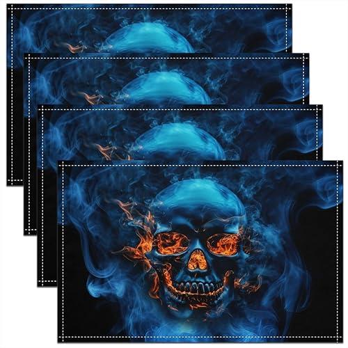 Erosebridal Halloween Skull Placemats 12x18 Inch Set of 4, Gothic Smoky Fire Place Mats, Skull Skeleton Printed Anti Slip Kids Adults Table Mats, Black Blue Horror Waterproof Placemats for Kitchen