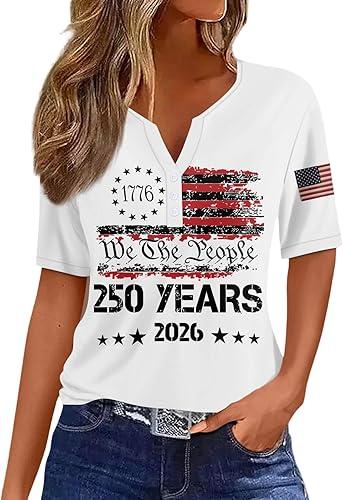 Women's 250Th Anniversary America Shirt, American Flag Shirts 4Th of July T-Shirt Summer Short Sleeve Patriotic Tops, S-3XL