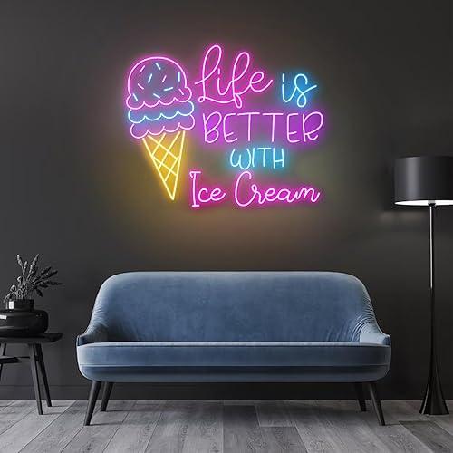 Life Is Better With Ice Cream Neon Sign Business Large LED Ice Cream Open Neon Light Signs Wall Decor for Bar Shop, Home, Bedroom,Party Gift Size: 30 inches