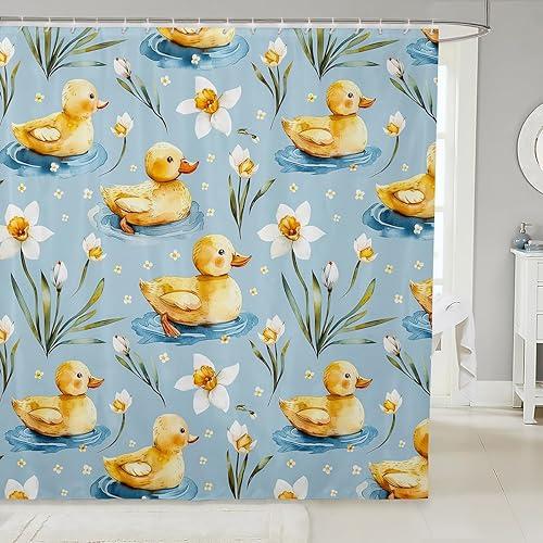 Erosebridal Cartoon Duck Shower Curtain Set for Kids Girls Boys - Cute Yellow Ducks Bathroom Decor, Country Floral Farm Animal Print Bathroom Set 72 x 72 Inch, Kawaii Duck Fabric Shower Curtain