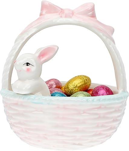 NUOBESTY Ceramic Bunny Basket Ornament - 4.7x5.3 Inch Porcelain Rabbit Figurine and Candy Bowl - Easter Table Centerpiece for Home Decor and Jewelry Display