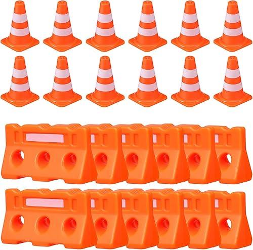 Alasum 24pcs Mini Traffic Cones & Roadblock Signs Set, Small Plastic Construction Cones Toy for Kids Educational Learning, Miniature Street Signs for Model City Sand Table & Party Favors
