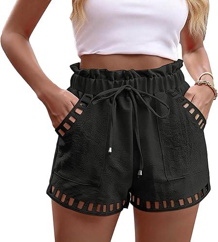 Womens Summer Beach Vacation Shorts Pleated Cute Elastic Waist Short Cut Out Lace Trim Wide Leg Flowy Boho Shorts
