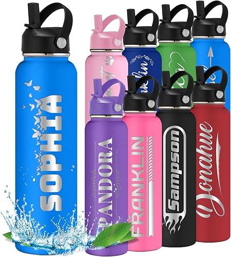 Custom Water Bottle Personalized for Kids Water Bottles with Name Icon 12 18 24 32 40 oz Back to School Travel Sports Insulated Bottles with Flip Straw Carry Handle Blue Style 1