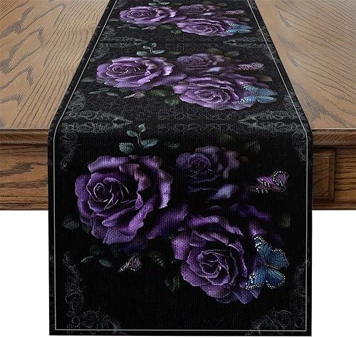 Erosebridal Purple Rose Table Runner 13x90, Butterflies Table Runners, Boho Floral Banquet Leaves Botanical Rectangular Runner, Romantic Women Black Purple Blue Dresser Runners