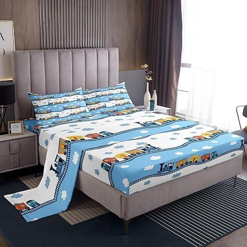 Erosebridal Kids Locomotive Train Sheet Set Full,Cute Steam Engine Truck Sheets for Boys Girls Blue White Clouds Top Fitted Sheet Railway Car Vehicles Bed Sheets Set with 2 Pillowcases