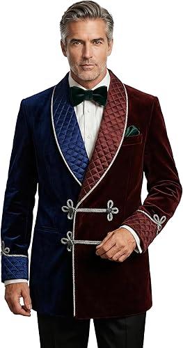 Men’s Luxury Velvet Smoking Blazer | Burgundy & Navy Blue Quilted Shawl Lapel Jacket | Frog Button Dinner Blazer | Victorian Style Tuxedo Coat