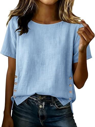 Oplxuo Women's Cotton Linen T-Shirt Casual Crew Neck Short Sleeve Blouse with Side Button Detail Summer Loose Fit Tunic Top