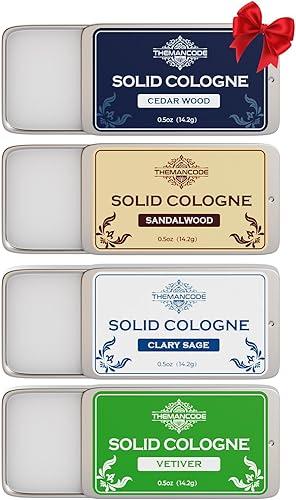 THEMANCODE Solid Cologne for Men, Father Day Gifts, Solid Perfume with Sandalwood, Vetiver, Cedarwood, Sage Scents, 4 Pack