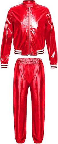YiZYiF Kids Girls Boys Dance Clothing Set Hip Hop Jazz Costume Shiny Metallic Bomber Jacket with High Waist Pants Set