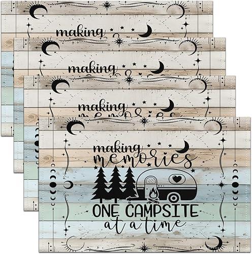 Happy Camper Place Mats,Camper Rv Decor Placemats 12X18,Camper Themed Waterproof Placemats,Rustic Farmhouse Style Table Mats for Dining Table,Vintage Wooden Planks Placemats,Oil Proof Washable