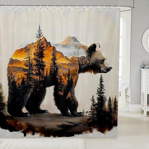 Rustic Forest Bear Waterproof Bathroom Curtains, Farmhouse Animal Print Shower Curtain For Teen Boys Country Cabin Decor Bathroom Accessories Woodland Bear Wildlife Bath Curtain 72"Wx72"L