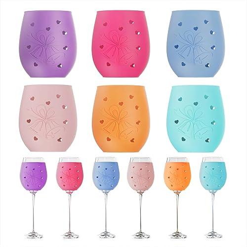 6 Pack Reusable Silicone Wine Glass Sleeves for Travel, Red Wine Glass Covers with Non-Slip Grip, Champagne Flute Identifiers for Party, Picnic, Outdoor with 6 Colors (6.16"x3.26")