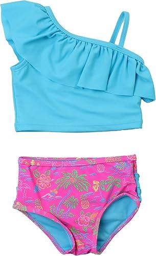 RuffleButts Girls UPF50+ Sun Protection One Shoulder Ruffle Tankini Two Piece Swimsuit