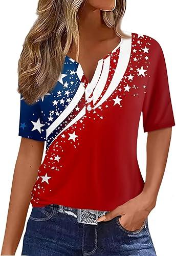 Womens Graphic Tees Halloween and 4Th of July Henley V Neck 2025 Shirts Pumpkin Button Short Sleeve Fall Shirt