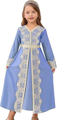 OBEEII Kids Girls Muslim Eid Ramadan Abaya Long Sleeve V Neck Lace Prayer Dress Middle East Arabic Kaftan Dress with Belt
