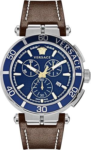 Versace Greca Chrono Collection Luxury Mens Watch Timepieces with a Brown Strap featuring a Stainless Steel Case and a Blue Dial