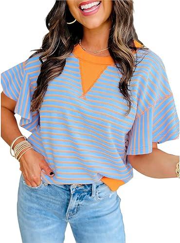 Women's Summer Striped Ruffle Short Sleeve Tops Contrast Color Block 2026 Round Neck Loose Fit Cute Casual Top Blouse