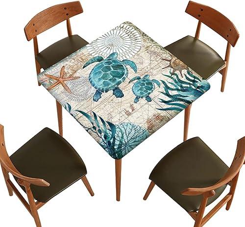 Fitted Polyester Tablecloth Square, Boho Sea Turtle Elastic Edge Decorative Table Cloth, Stain Resistant Washable Table Cover for Garden Patio Picnic Use, Fits 24"x24" Square Table