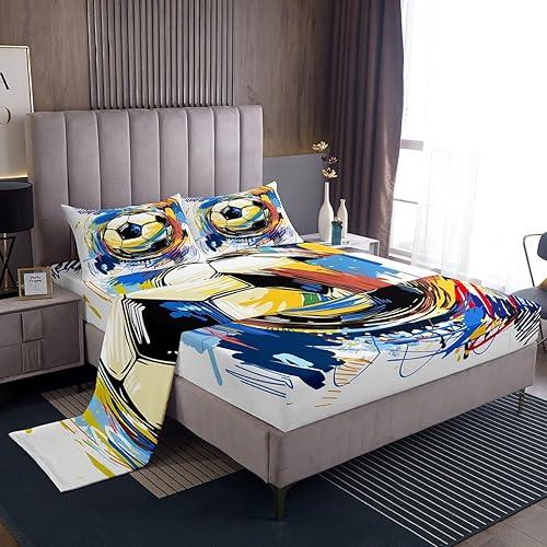 Feelyou Boys Soccer Sheet Set Twin Size Football Sport Bed Sheets for Kids Graffiti Style Bed Set White Colorful Sheets 3Pcs,1 Fitted Sheet+1 Pillow Sham+1 Flat Sheet
