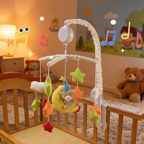 HLLEDUO Crib Mobile for Boys or Girls - Baby Crib Mobile with 35 Lullaby Music Rotating Auto-Shutoff, Clouds/Stars/Moon&Bear Starry Sky Theme Nursery Decor, Cotton Baby Mobiles for Cribs & Pack N Play