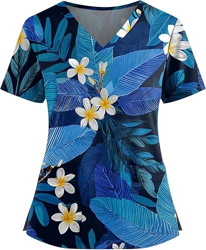 Women's Hawaiian Print Scrub Top Plus Size V Neck Short Sleeve Nurse Scrubs with Pocket Fun Nursing & Medical Uniform