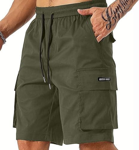 Men's Casual Dressy Cargo Shorts Lightweight Elastic Drawstring Waist Shorts with Branded Patch & Side Pockets