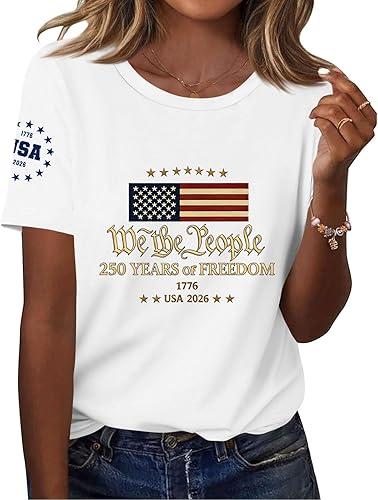 250 Anniversary USA Shirt for Women American Flag Freedom Graphic Patriotic Casual Classic Short Sleeve Tops, S-3Xl