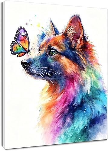 LB Graffiti Funny Dog Wall Art for Bathroom Funny Animal Colorful Dog with Butterfly Canvas Wall Art for Kids Cute Framed Wall Decor for Living Room Bedroom Nursery Ready to Hanging 8x10 Inch