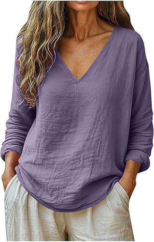 Linen Shirts for Women Long Sleeve V Neck Loose Tops Summer Beach Boho Casual Peasant Blouse