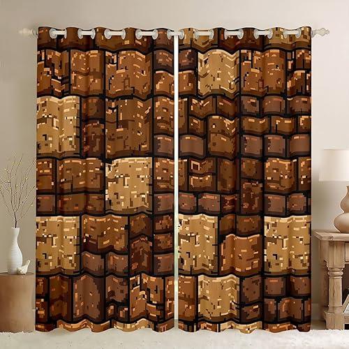 Castle Fairy Brown Stone Wall Window Curtain,Pixel Style Window Treatment Curtain,Kids Boys Teens Splicing Grid Block Bedroom Curtains Video Games Living Room Decor Top 2 Panels,42Wx63L