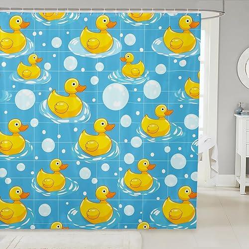 Erosebridal Yellow Rubber Duck Bathroom Decor - Kawaii Funny Ducks Shower Curtain Set for Kids Boys Girls, Checkered Plaid Bathroom Set 72 x 72 Inch, Cartoon Duckies Cute Fabric Shower Curtain