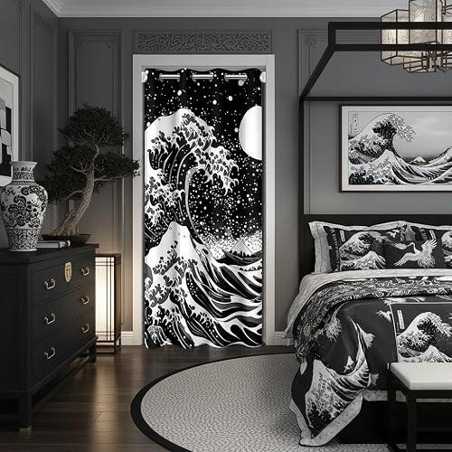 Castle Fairy Moon Door Curtain,Ocean Waves Mountain Fuji Print Blackout Curtain,Marine Coastal Nautical Theme Bedroom Doorway Living Room Decor,Black Privacy Door Drape 1 Panel,34" W X 80" L