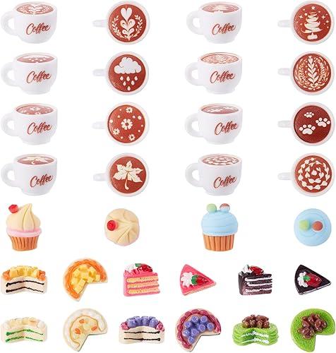 FASHEWELRY 32Pcs Resin Mini Coffee Cups Fruit Cake Cupcake Dessert Food Model Dollhouse Food Miniatures for DIY Mini Kitchen Micro Landscape Accessories
