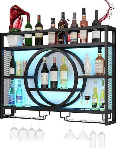 Wine Rack Wall Mounted with Wine Glass Rack Floating Bar Shelves for Liquor Bottles with LED Light Liquor Bottle Display Shelf Wall Bar Cabinet Mini Bar for Home Bar Dining Room Kitchen Living Room(Bl