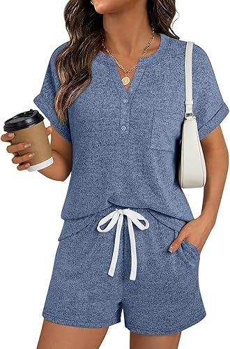 Women Two Piece Outfits Short Sleeve Top And Drawstring Shorts Set Loungewear Soft Fabric V Neck Relaxed Fit