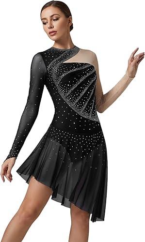 FEESHOW Women's Shiny Rhinestone Lyrical Dance Costume Asymmetrical Figure Skating Dress Ballet Dancewear